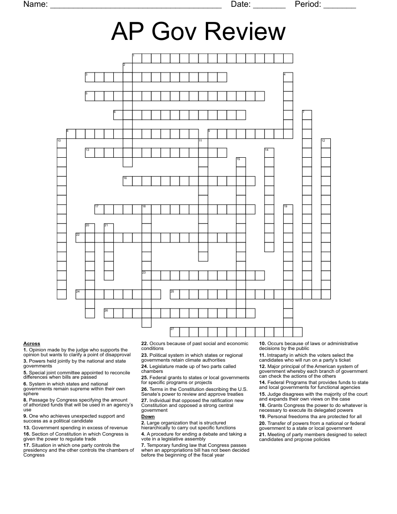 AP Gov Review  Crossword
