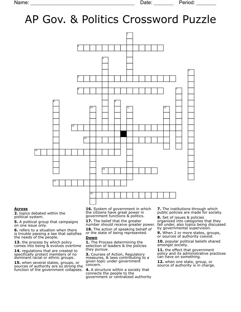 AP Gov. & Politics Crossword Puzzle