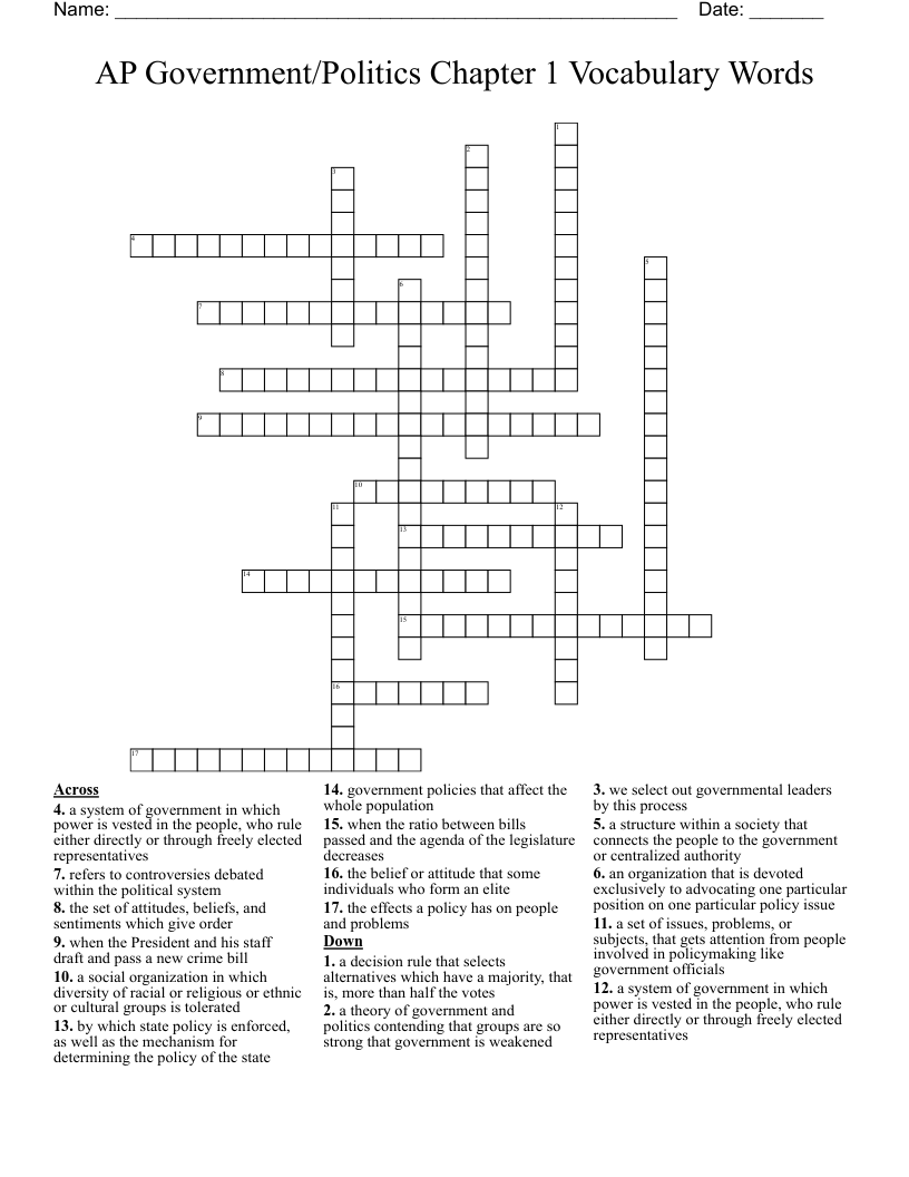 AP Government/Politics Chapter 1 Vocabulary Words Crossword
