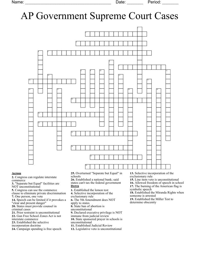 AP Government Supreme Court Cases Crossword