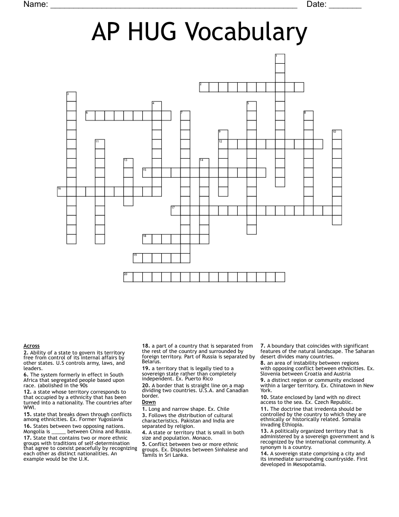 AP HUG Vocabulary Crossword