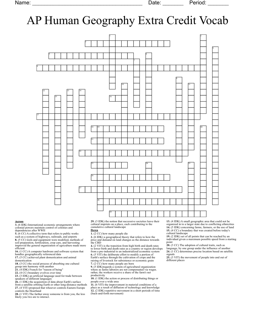 AP Human Geography Extra Credit Vocab Crossword
