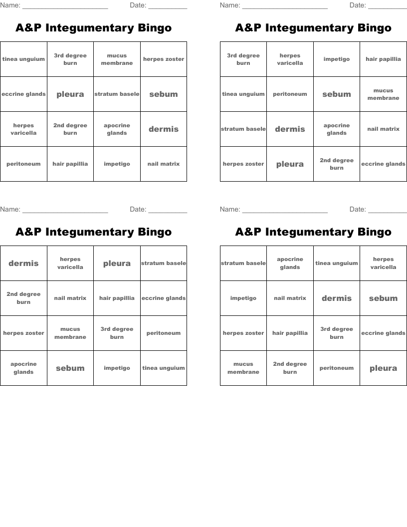 A&P Integumentary Bingo