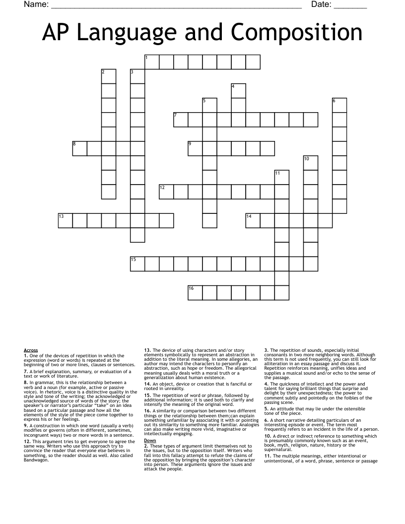 AP Language and Composition Crossword