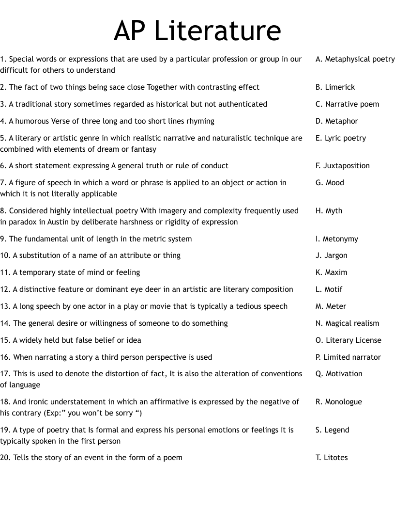 AP Literature Worksheet