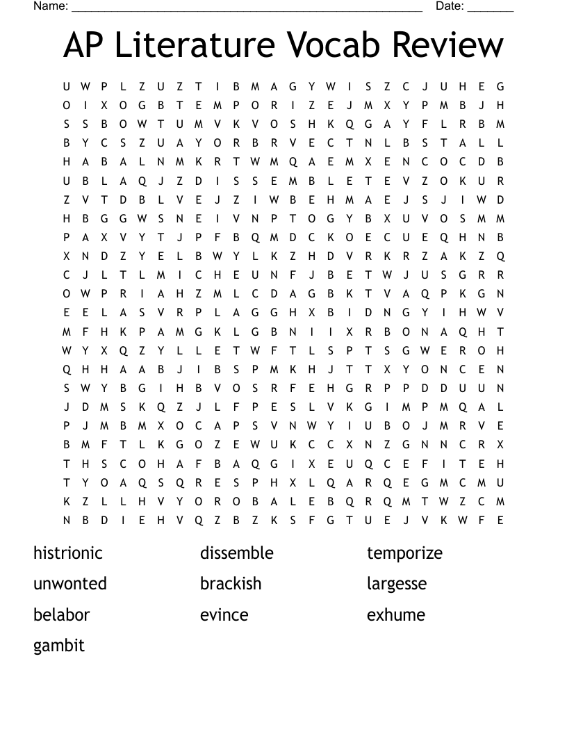 AP Literature Vocab Review Word Search