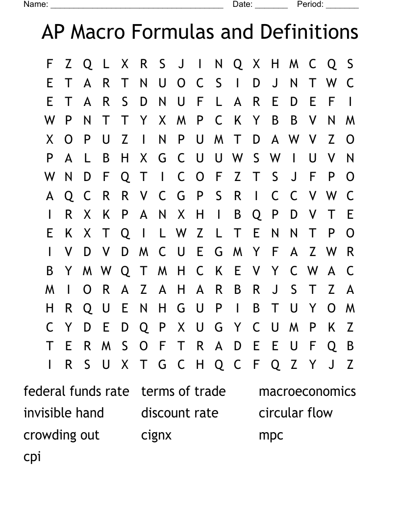 AP Macro Formulas and Definitions Word Search