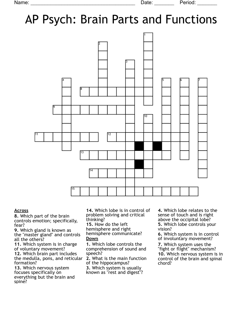 AP Psych: Brain Parts and Functions Crossword