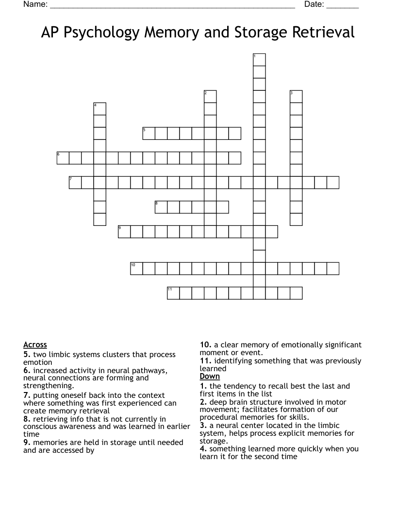 AP Psychology Memory and Storage Retrieval Crossword