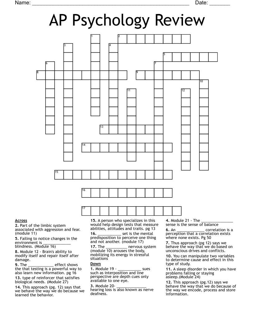 AP Psychology Review Crossword