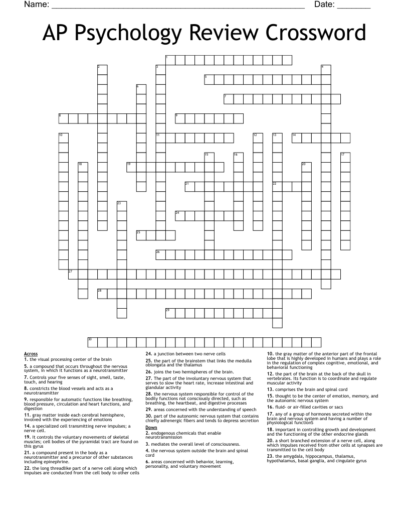 AP Psychology Review Crossword