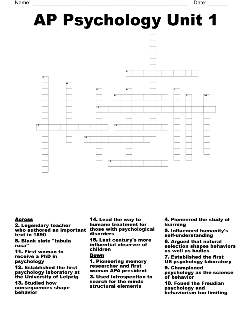 AP Psychology Unit 1 Crossword