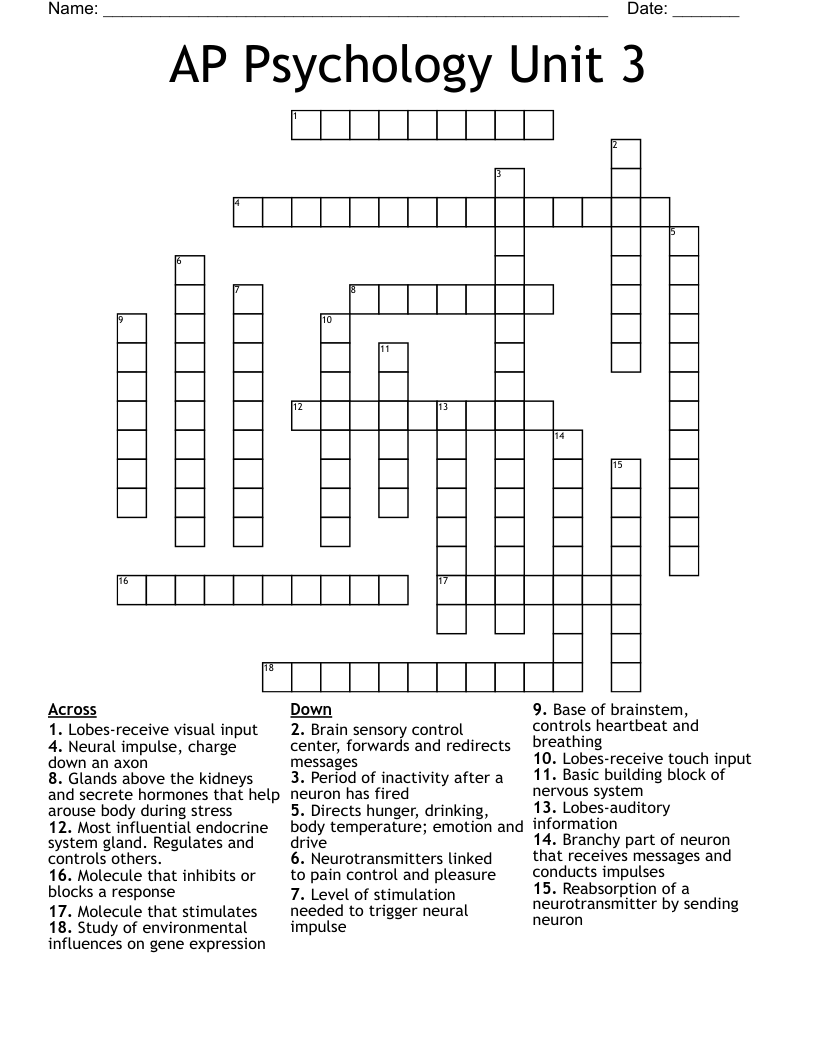 AP Psychology Unit 3 Crossword
