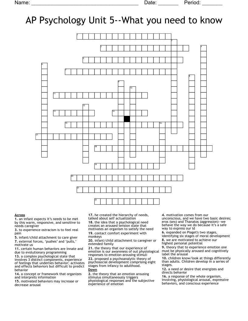 AP Psychology Unit 5--What you need to know Crossword