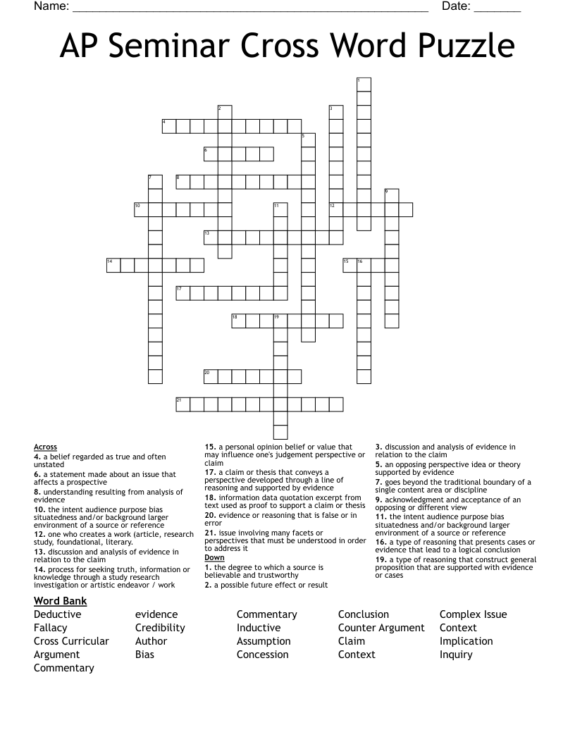AP Seminar Cross Word Puzzle
