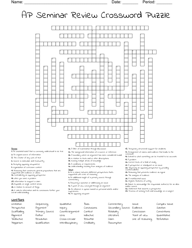 AP Seminar Review Crossword Puzzle 