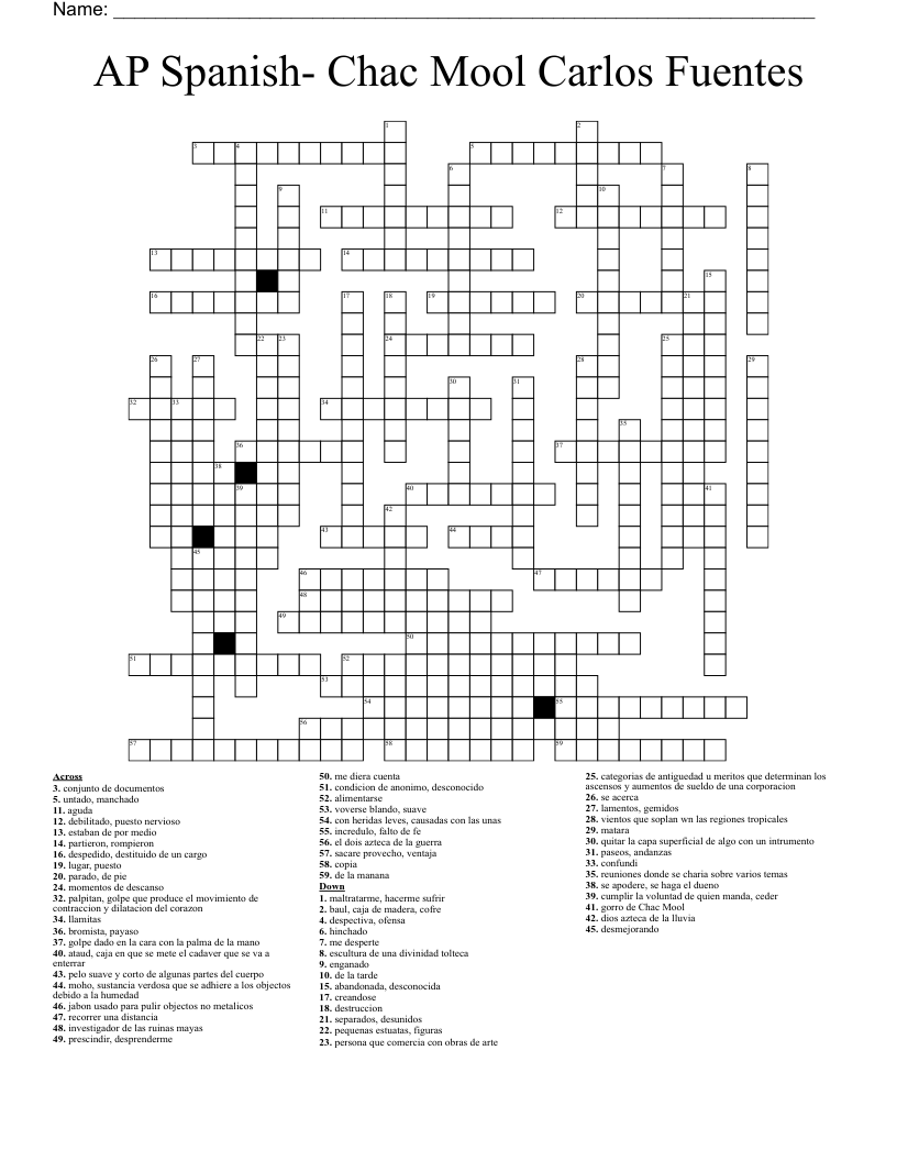 AP Spanish- Chac Mool Carlos Fuentes Crossword