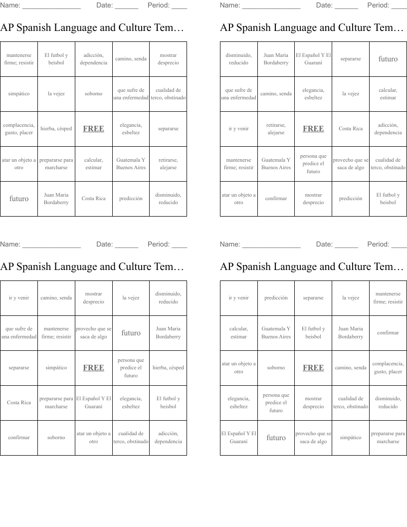 AP Spanish Language and Culture Tematicas Bingo Cards