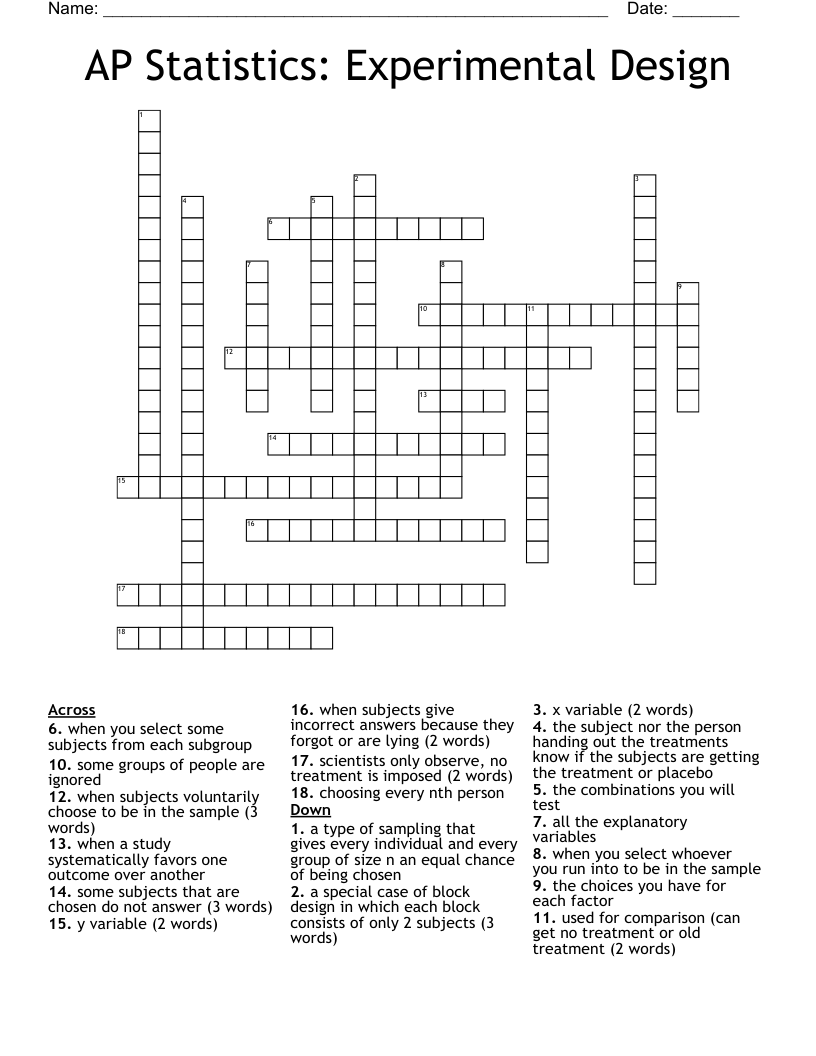 AP Statistics: Experimental Design Crossword