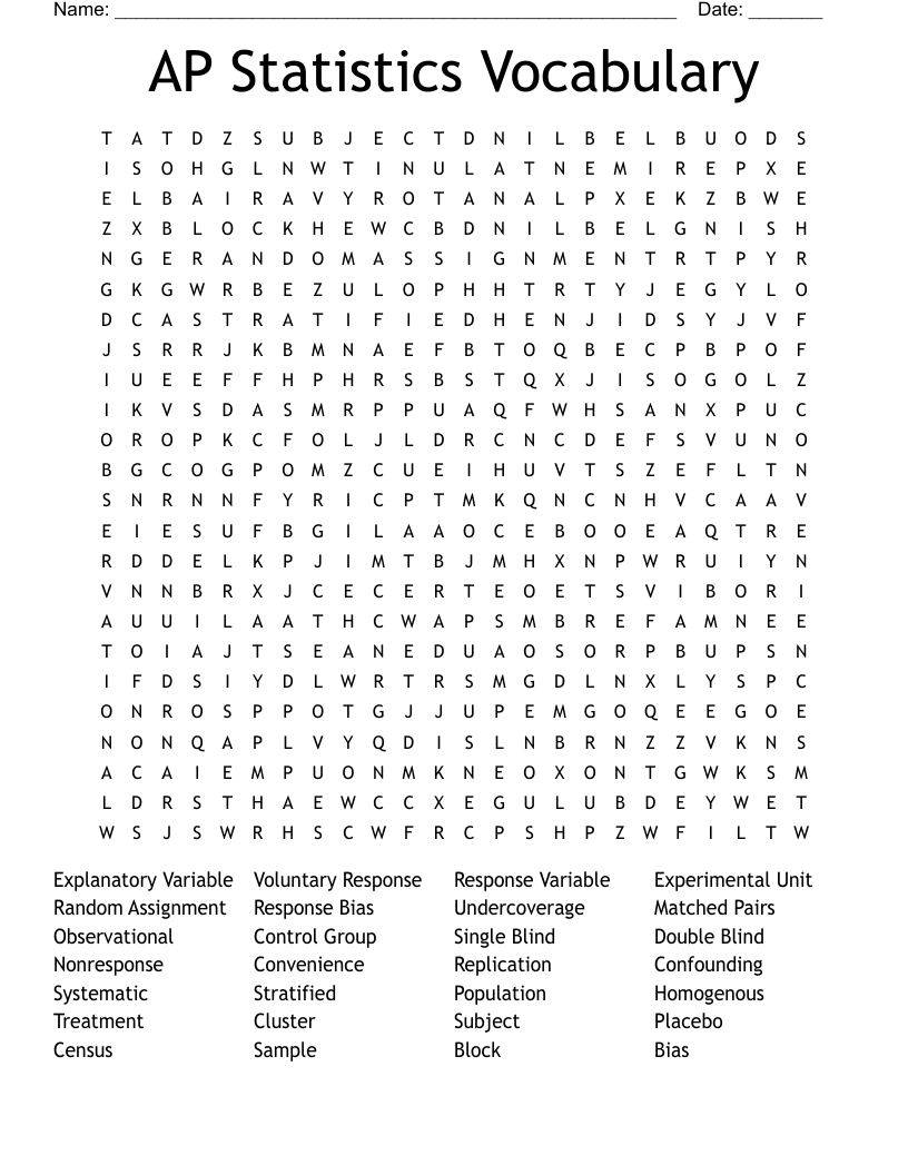 AP Statistics Vocabulary Word Search