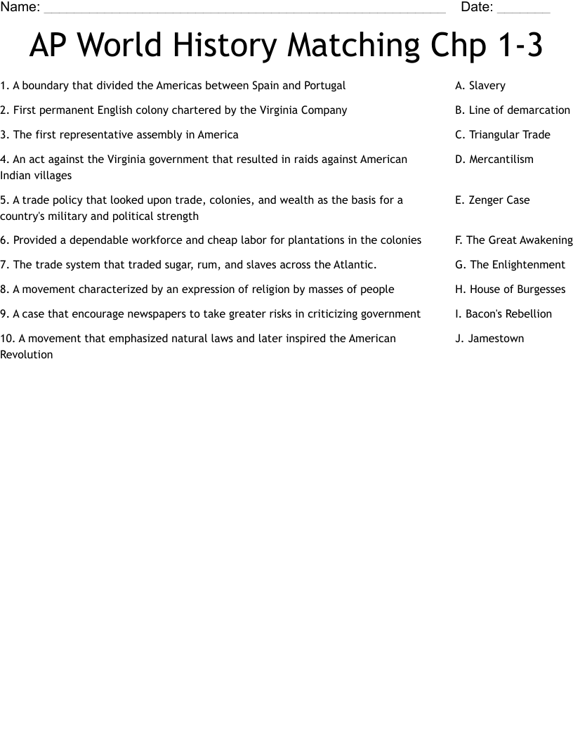 AP World History Matching Chp 1-3 Worksheet