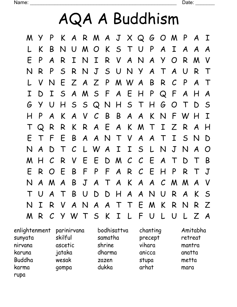 AQA A Buddhism Word Search