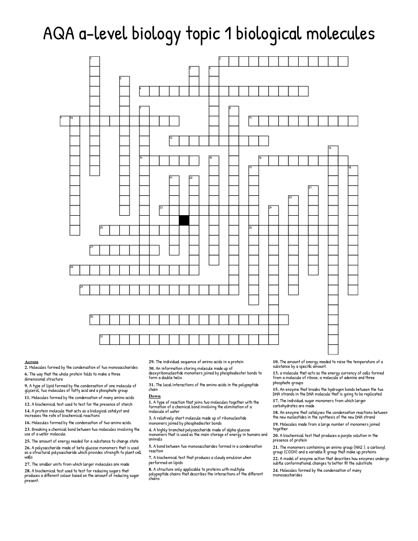 AQA a-level biology topic 1 biological molecules Crossword