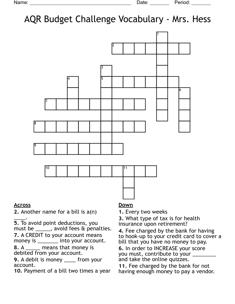 AQR Budget Challenge Vocabulary - Mrs. Hess Crossword