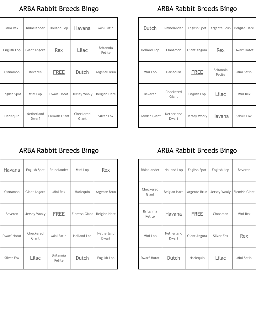 ARBA Rabbit Breeds Bingo