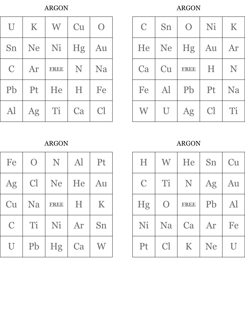 ARGON Bingo Cards