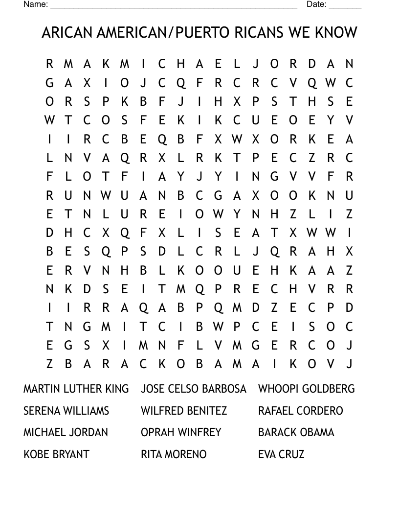 ARICAN AMERICAN/PUERTO RICANS WE KNOW Word Search