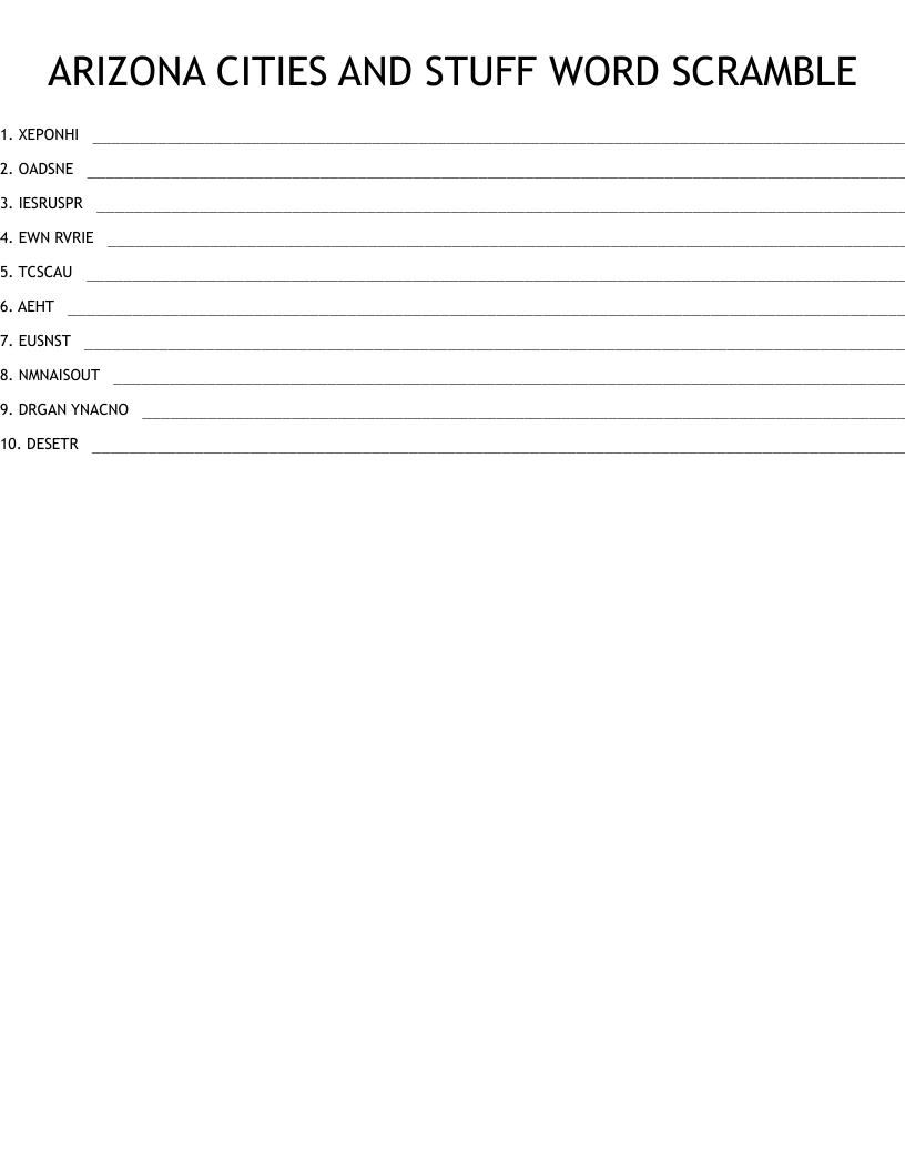 ARIZONA CITIES AND STUFF WORD SCRAMBLE