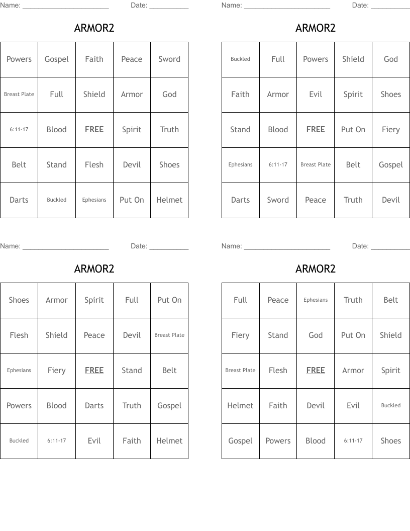 ARMOR2 Bingo Cards