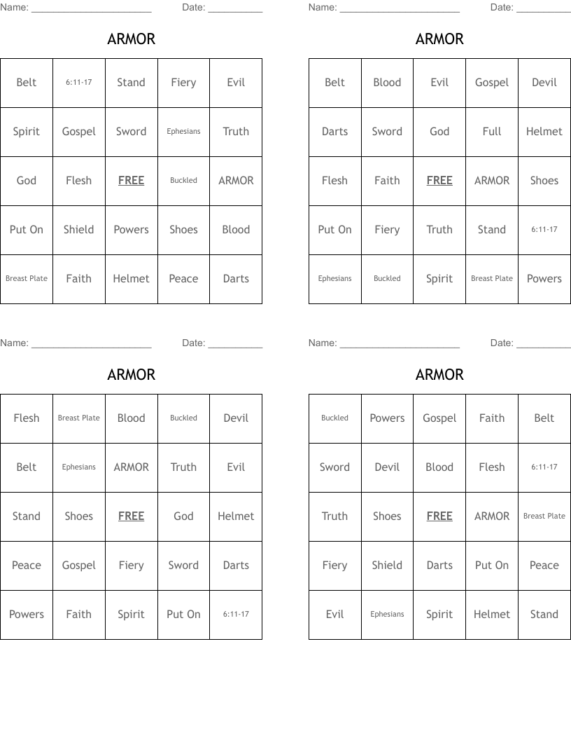 ARMOR Bingo Cards
