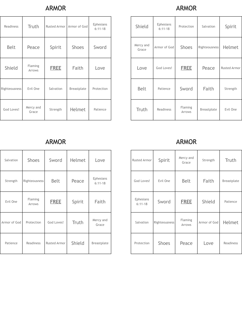 ARMOR Bingo Cards