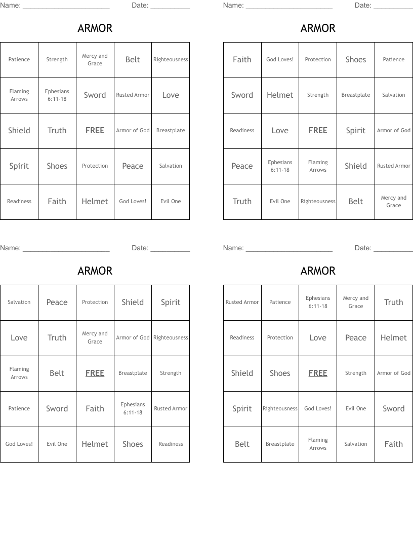 ARMOR Bingo Cards