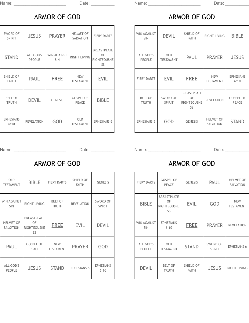 ARMOR OF GOD Bingo Cards