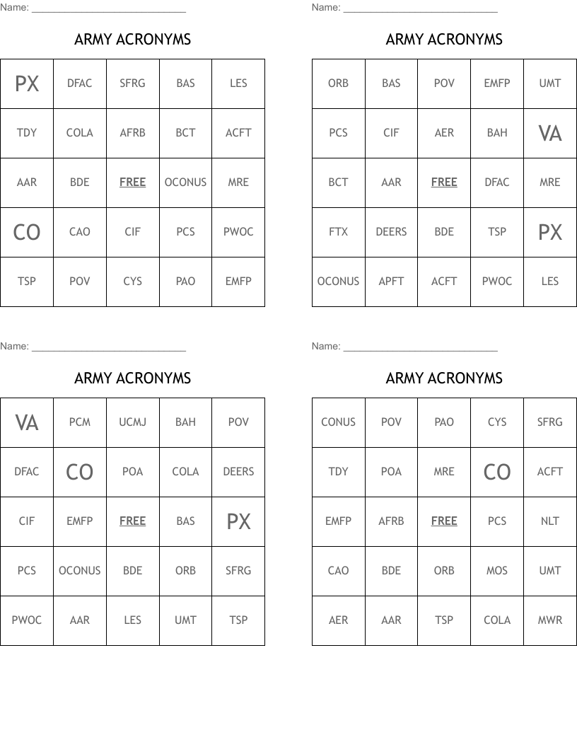 ARMY ACRONYMS Bingo Cards