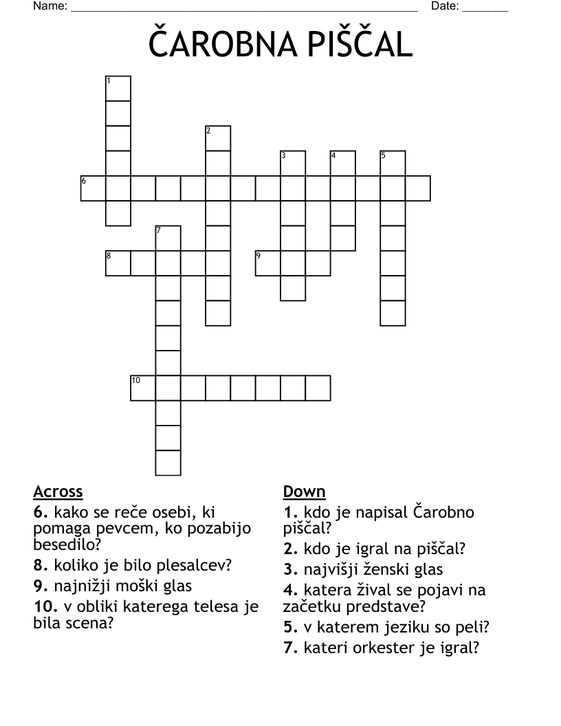 ČAROBNA PIŠČAL Crossword