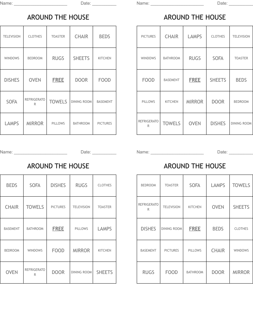 AROUND THE HOUSE Bingo Cards