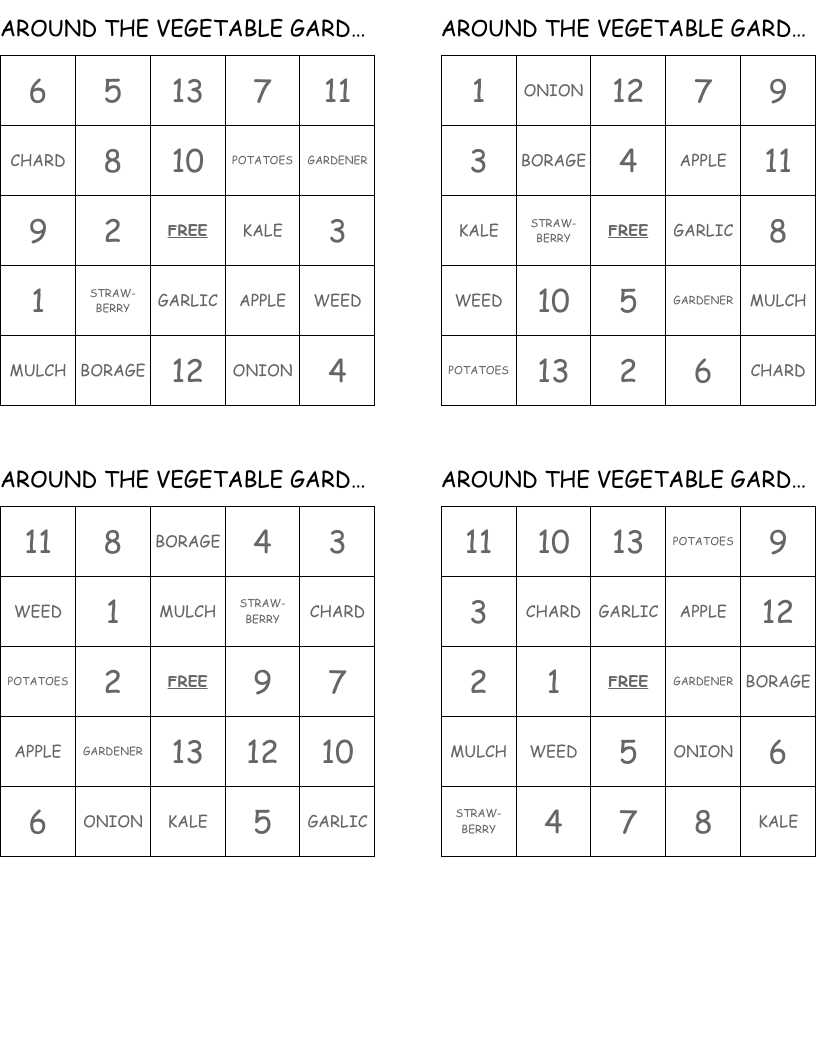 AROUND THE VEGETABLE GARDEN Bingo Cards