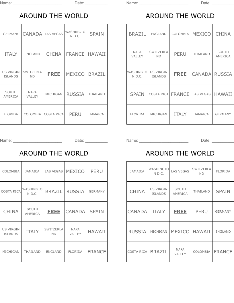 AROUND THE WORLD Bingo Cards