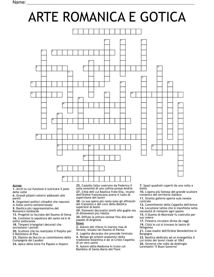 ARTE ROMANICA E GOTICA Crossword