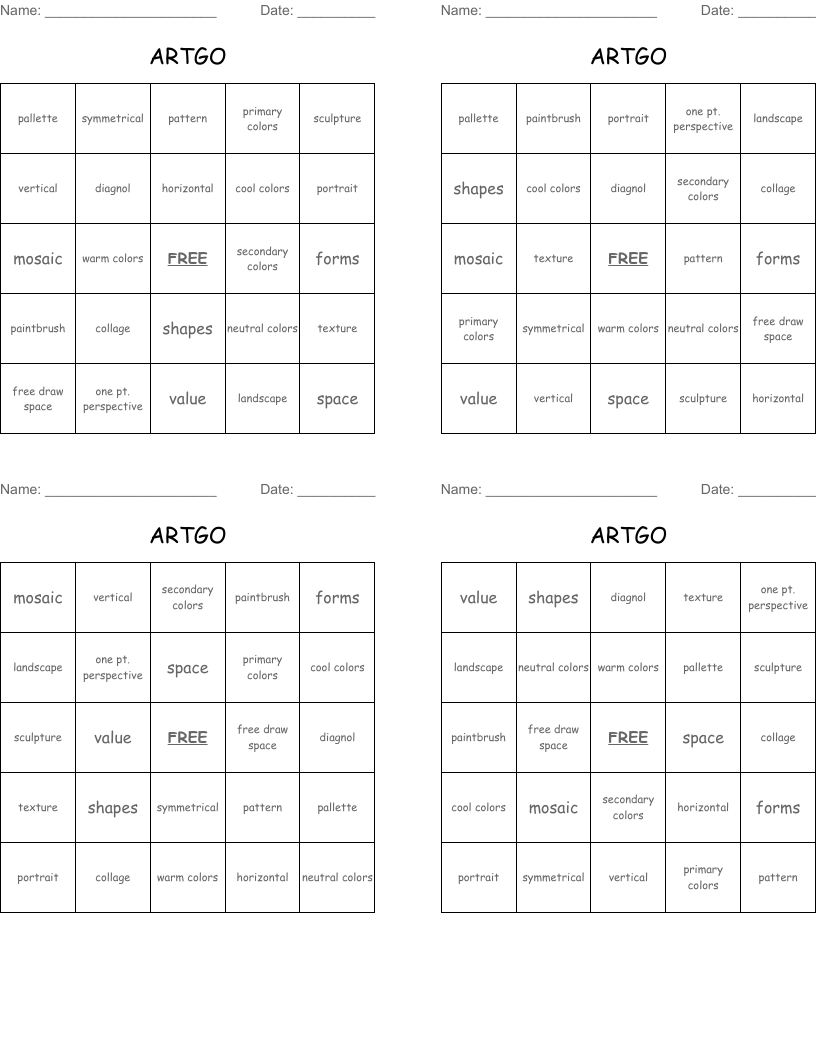 ARTGO Bingo Cards