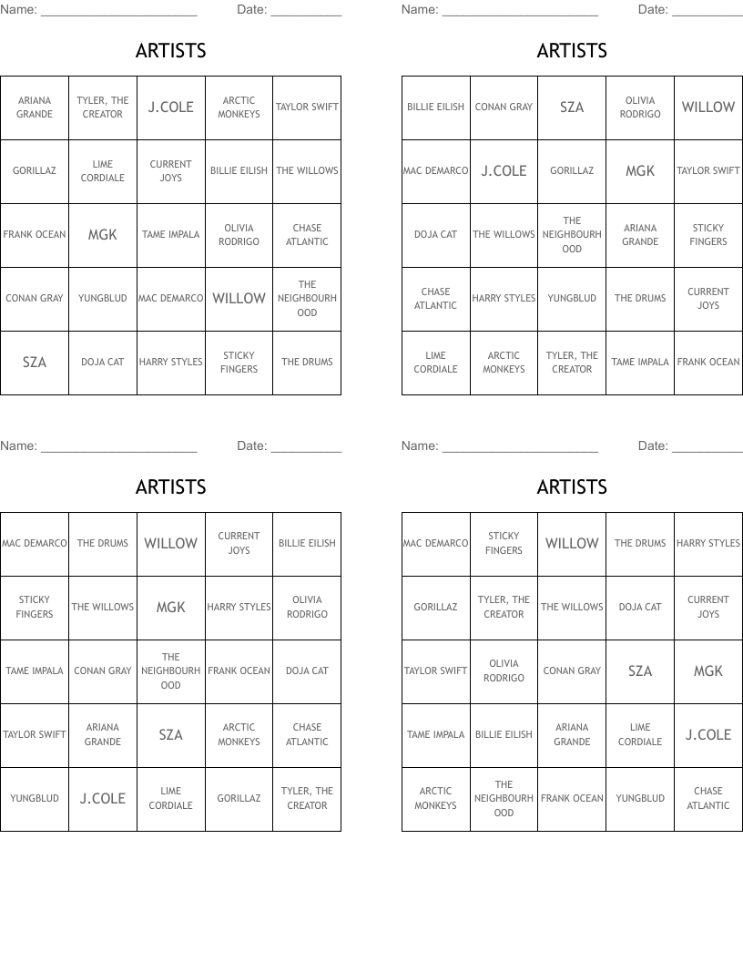 ARTISTS Bingo Cards