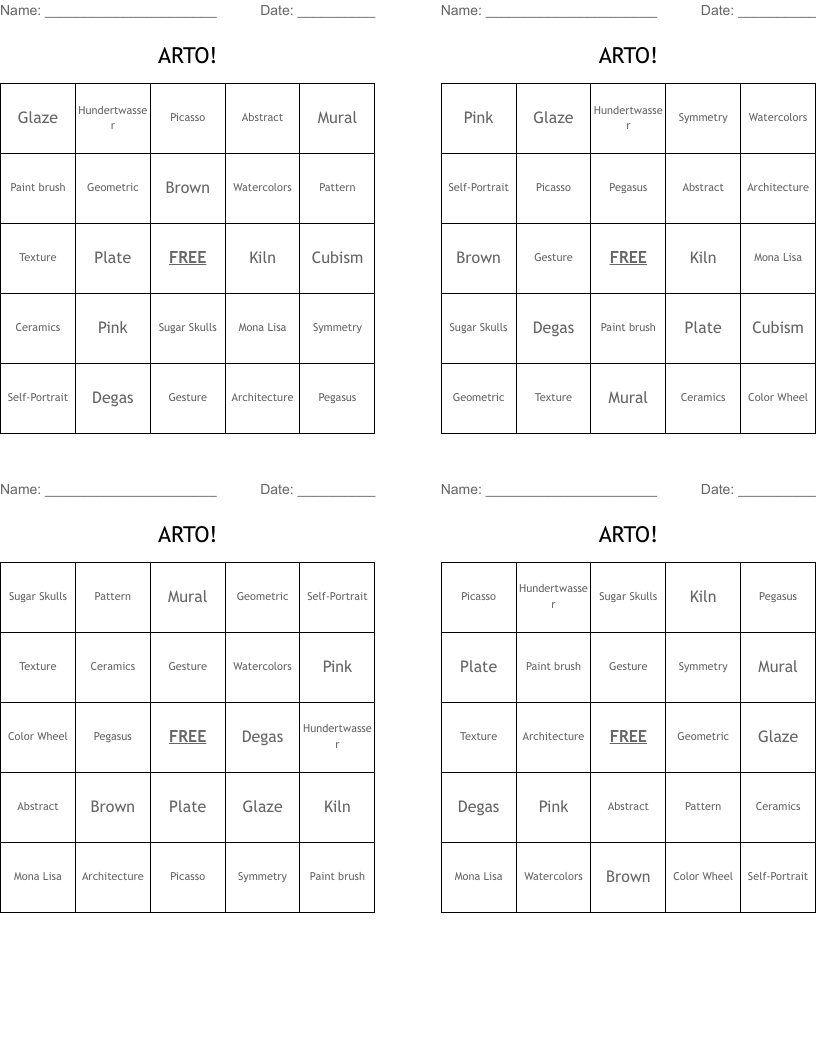 ARTO! Bingo Cards