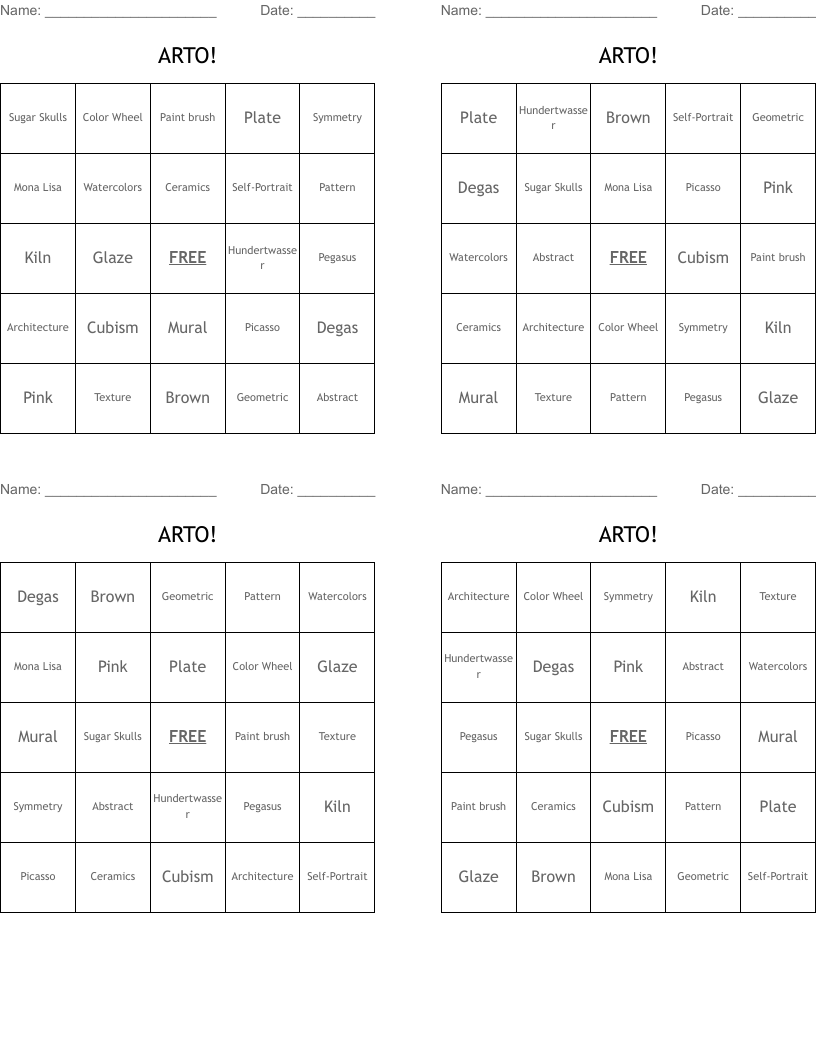 ARTO! Bingo Cards