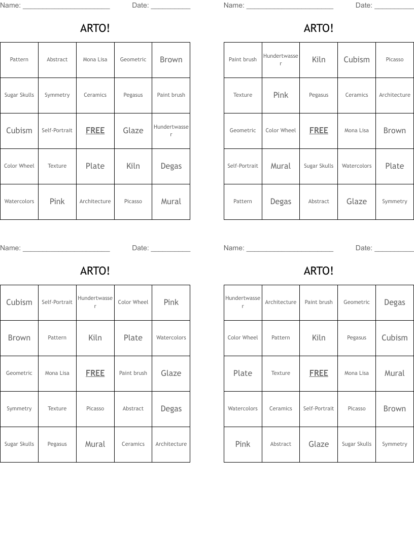 ARTO! Bingo Cards