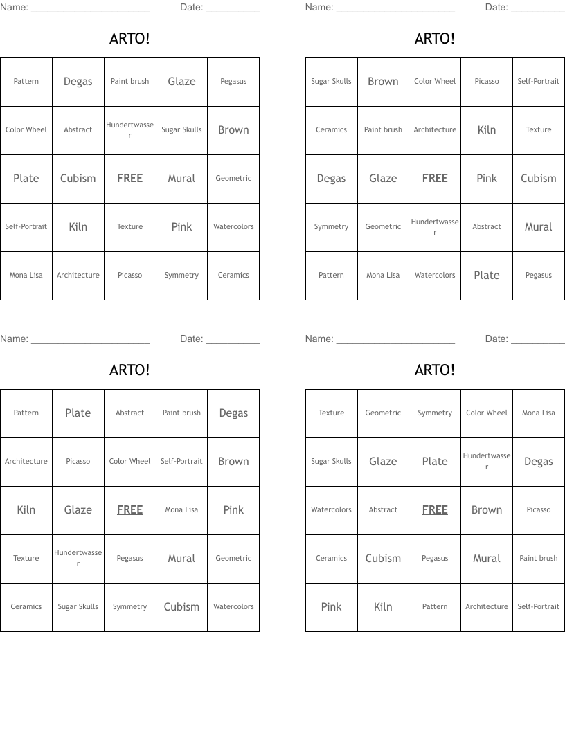 ARTO! Bingo Cards