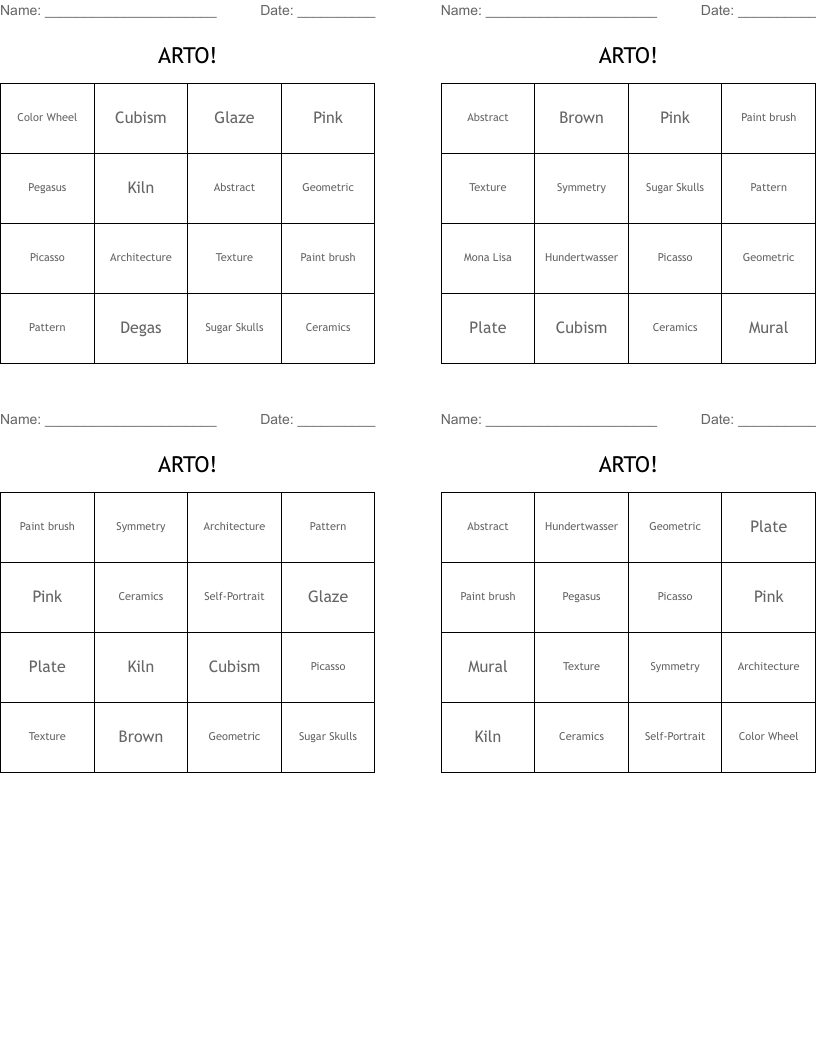 ARTO! Bingo Cards